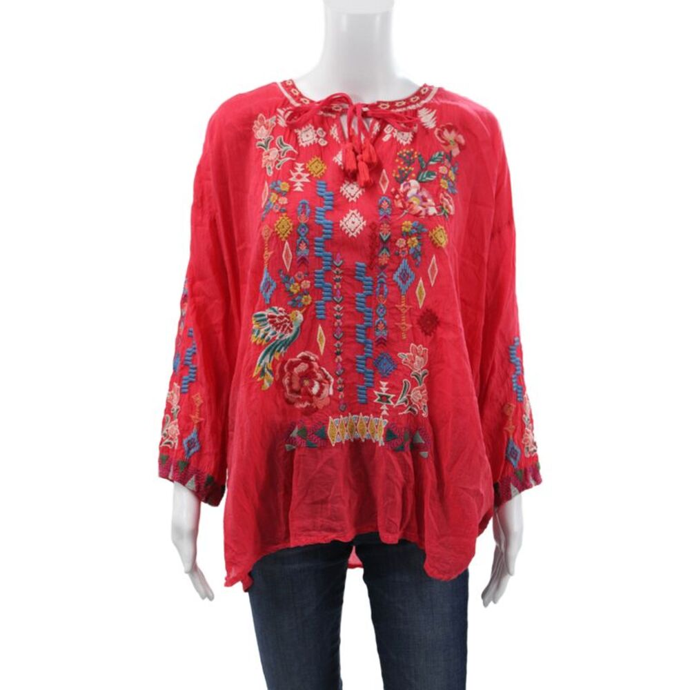 Johnny Was Women Tunic Red Floral Tie Neck 3/4 Sleeve Cupra Rayon Size XL